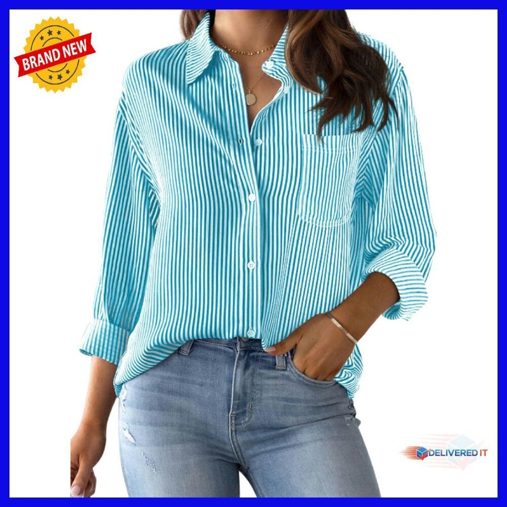 Wrinkle-Resistant Button Down Shirt Long Sleeve Striped Collared Blouse Pocket